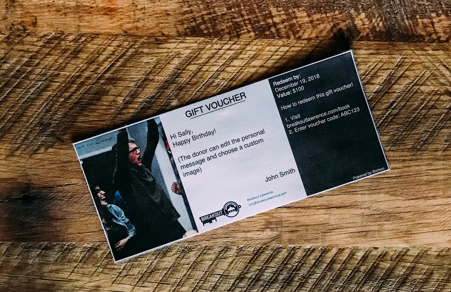 A Breakout Lawrence gift voucher with a personalised message